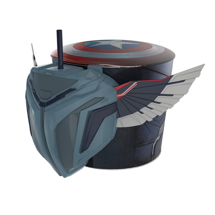 Top-down view showing the dual compartment setup for popcorn and drinks inside the shield bucket