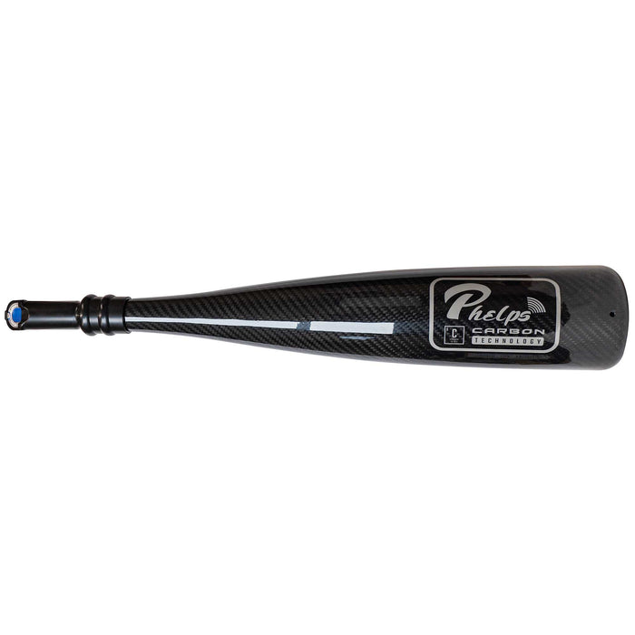 Black carbon fiber Phelps swimming snorkel with a visible weave, a white line, the "Phelps Carbon Technology" logo, and a blue-tipped end.