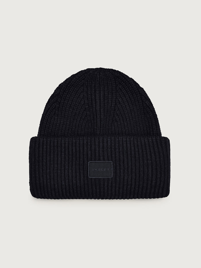 Black|Carly Beanie in black with flecked Soft Viscose rib knit and deep turn-back, designed to match Patricia cardigan, warm all-winter accessory.