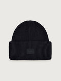 Black|Carly Beanie in black with flecked Soft Viscose rib knit and deep turn-back, designed to match Patricia cardigan, warm all-winter accessory.