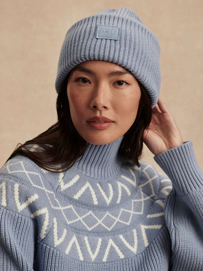 Glacier Blue|Carly Beanie in Glacier Blue, front view of a soft knit winter beanie.