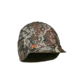 Brown, green, and gray camouflage hunting cap with a short brim, integrated ear coverage, an orange embroidered logo, and a dark fleece lining.