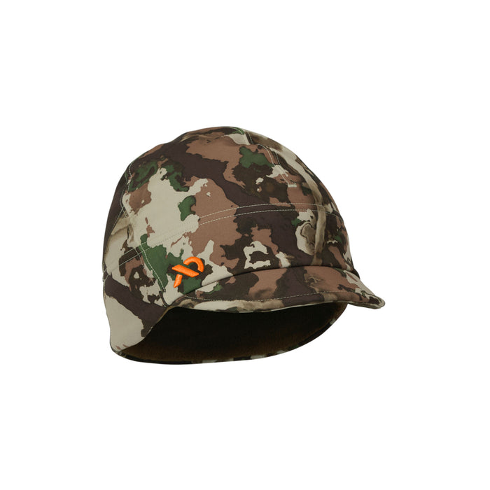 Camouflage cap with ear flaps, a short brim, and an orange ribbon-like logo.