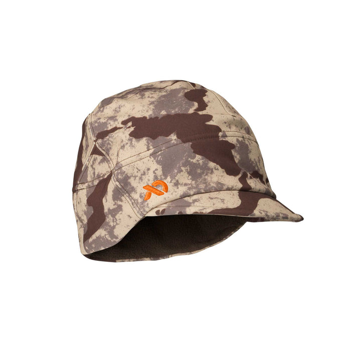 Tan and brown camouflage cap with a small brim and an orange logo.