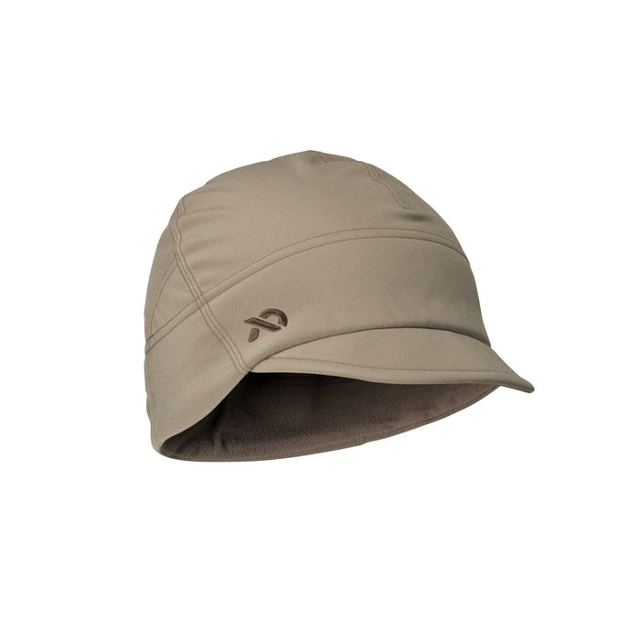 Beige cap with a short brim, ear flaps, a brown embroidered logo, and a visible dark brown fleece lining.