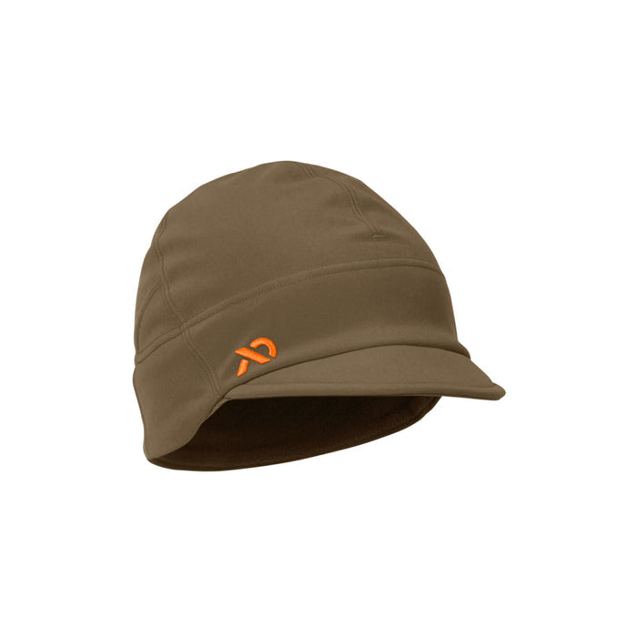 Olive cold weather cap with a short brim, ear flaps, and an orange stylized logo.