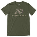 Heather military brown t-shirt with a camouflage pattern logo and "FIRST LITE" text on the chest