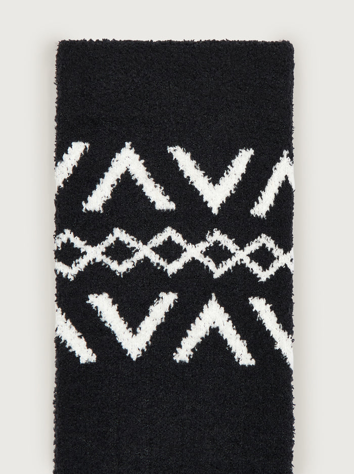 Black/ Egret|Chadwick Fairisle Sock in Black Egret, close-up knit texture with a classic fairisle pattern and ribbed cuff.