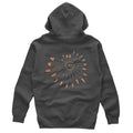 Dark grey hoodie with a back print of bullets arranged in a circle, featuring orange tips and text "GO FARTHER" and "STAY LONGER."
