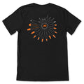 Black heathered t-shirt with a back print showing orange and gray tipped cartridges in a circular pattern around an orange logo and the text 'GO FARTHER STAY LONGER'.