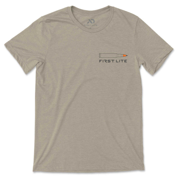 Tan short-sleeve t-shirt featuring a black outline bullet graphic with an orange tip and "FIRST LITE" text on the chest.