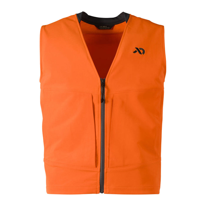 Bright orange hunting vest featuring a black V-neck collar, full-length dark grey front zipper, and a black First Lite logo on the left chest.