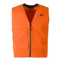 Bright orange hunting vest featuring a black V-neck collar, full-length dark grey front zipper, and a black First Lite logo on the left chest.