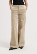 Wide-leg khaki pants shown being worn with a black top, showcasing a comfortable and stylish high-waisted design.