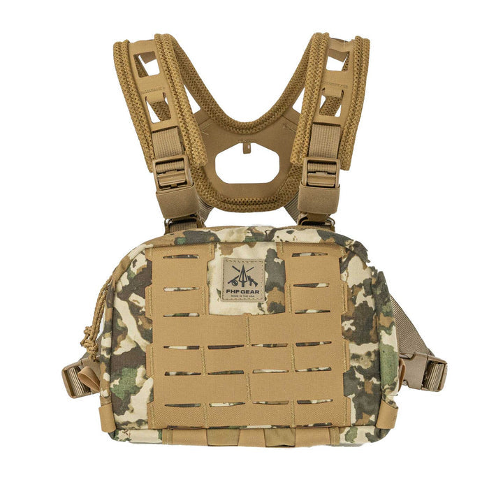 MultiCam chest rig with a tan laser-cut MOLLE panel, tan mesh H-harness, and FHF GEAR logo.