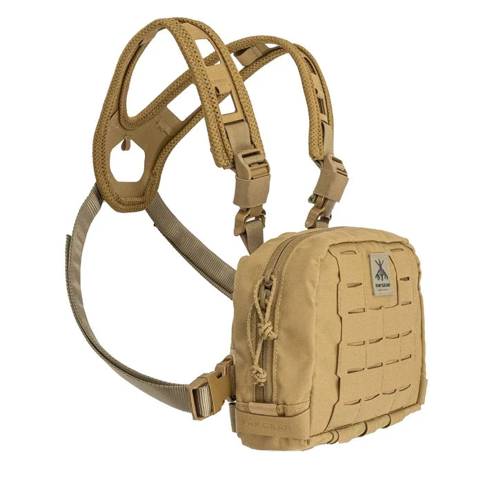 Coyote brown FHF GEAR chest rig with a zippered front pouch, MOLLE webbing, and padded shoulder straps.