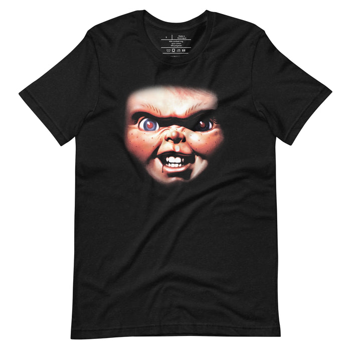 Black t-shirt featuring the Chucky Friend to the End graphic centered on the front chest