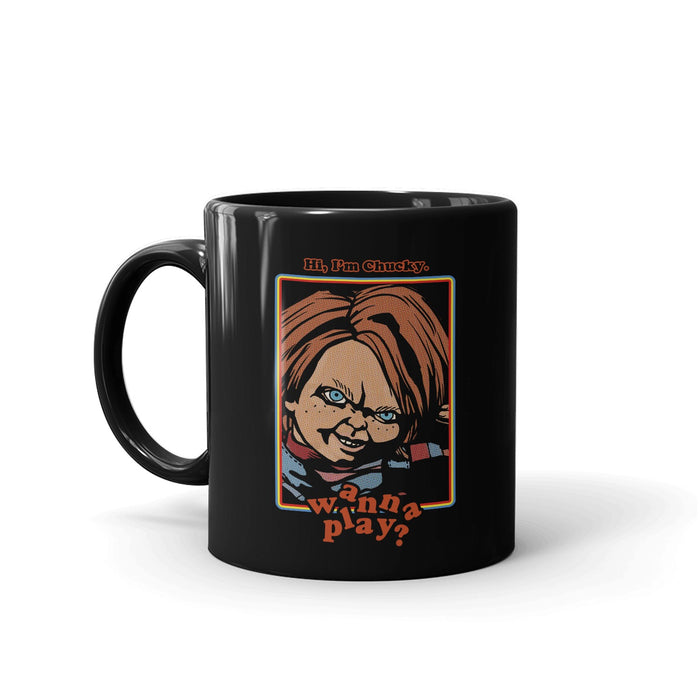 Black ceramic mug featuring the Chucky Wanna Play graphic on the front center