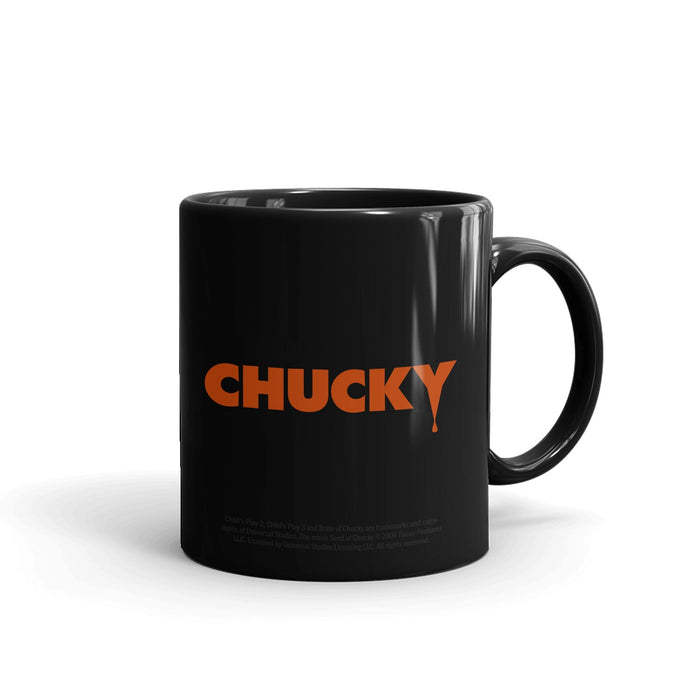 Close-up view of the Chucky mischievous doll graphic printed on the mug