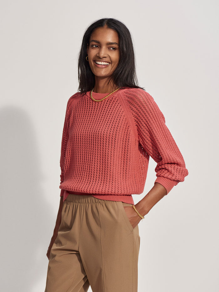 Mineral Red|Clay Knit Sweater in Mineral Red, 100% cotton with long raglan sleeves; breathable summer knit, pairs with woven pants or shorts.