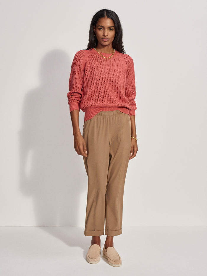 Mineral Red|Front-facing Varley Clay Knit Sweat in Mineral Red, a knit crewneck sweatshirt with a relaxed fit and long sleeves.