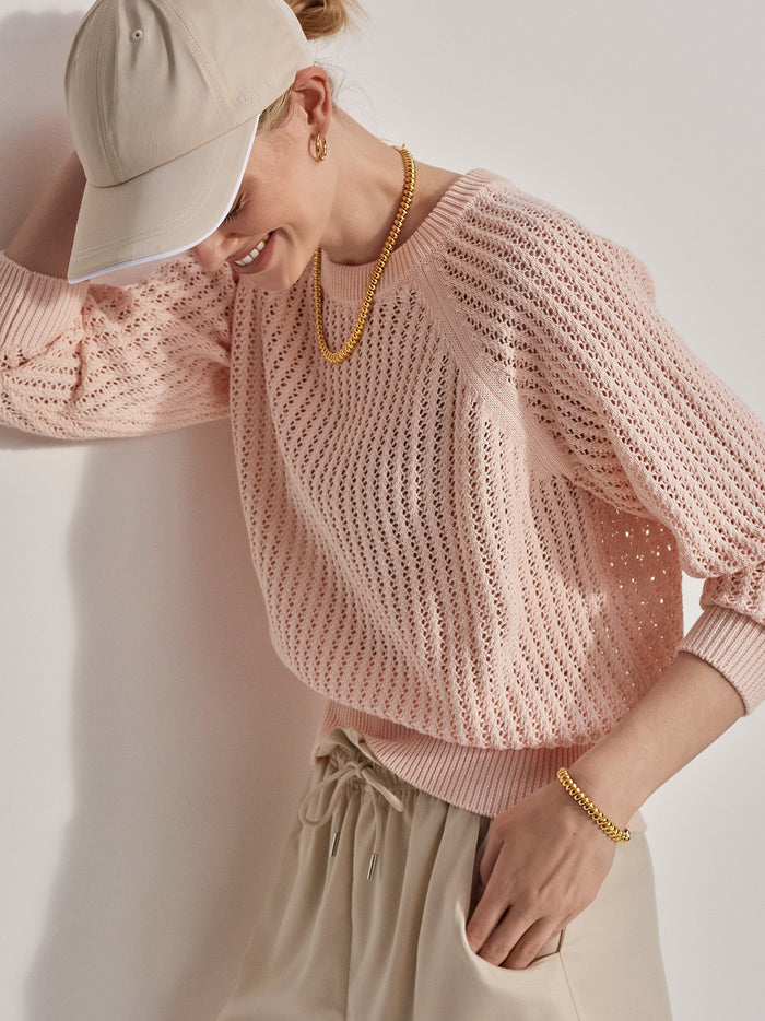 Silver Peony|VAR01987 CLAY KNIT SWEAT in Silver Peony, front view of a clay-toned knit sweatshirt with a relaxed fit, long sleeves and crew neck.