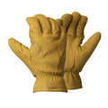 Pair of tan leather gloves with shirred elastic wrists.