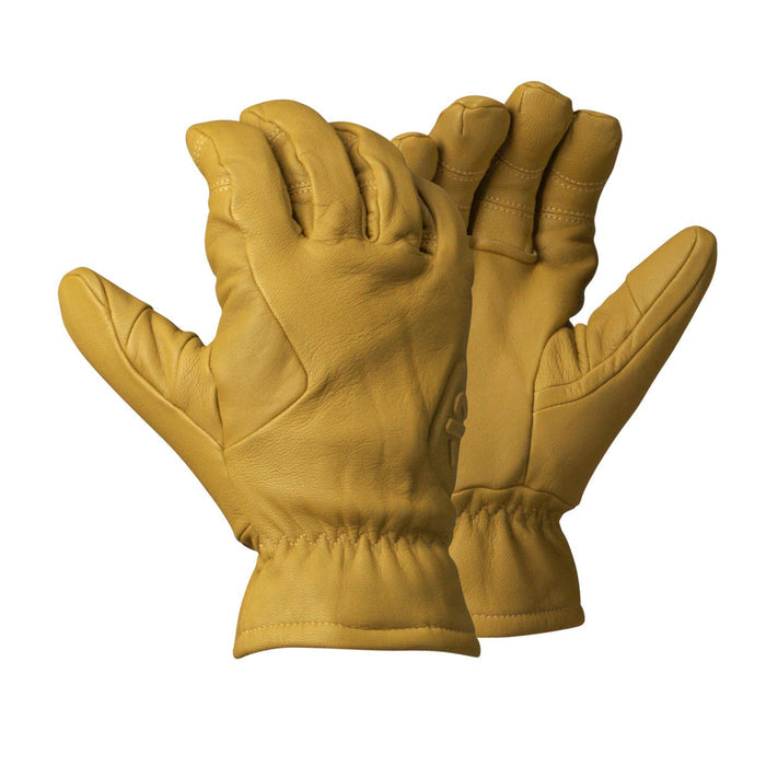 Pair of tan leather gloves with shirred elastic wrists.