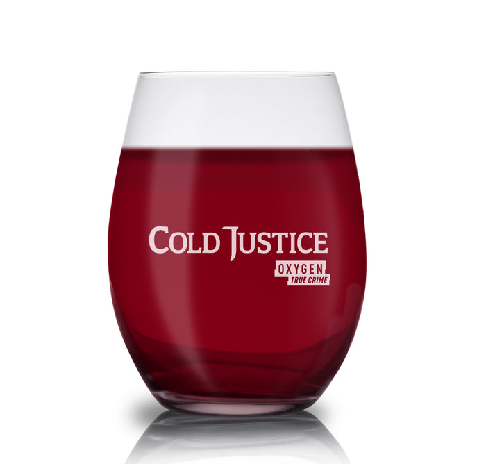 Cold Justice logo laser engraved stemless wine glass front view