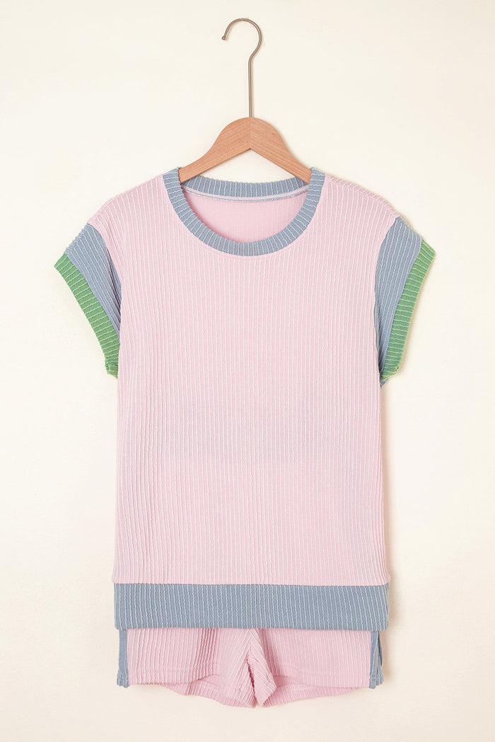 Colorblock Corded Knit Boxy Top & Shorts Set