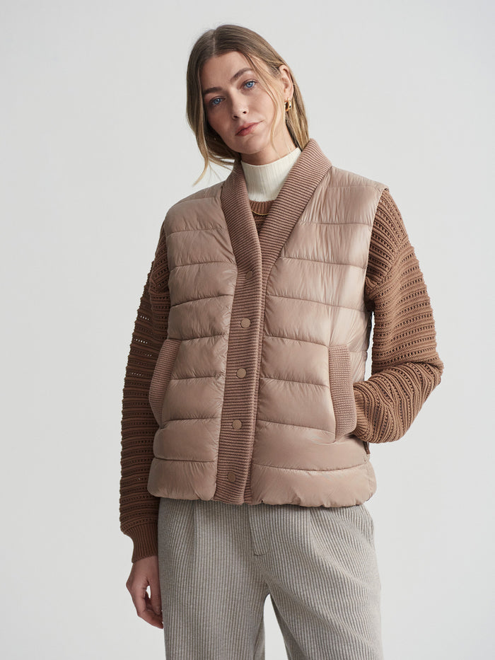 Chanterelle|Colwyn Combo Boxy Gilet in Chanterelle, relaxed-fit, lightweight quilted nylon with knitted placket and trims, snap fastening for easy layering.