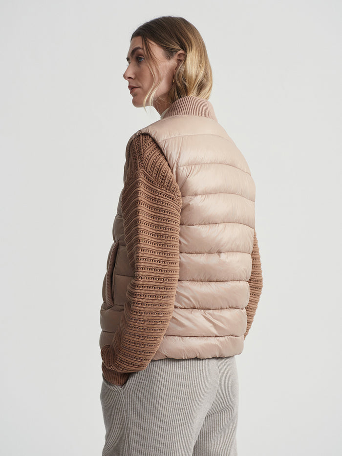 Chanterelle|Front view of the Colwyn Combo Boxy Gilet in Chanterelle, a sleeveless, boxy vest worn by a model.