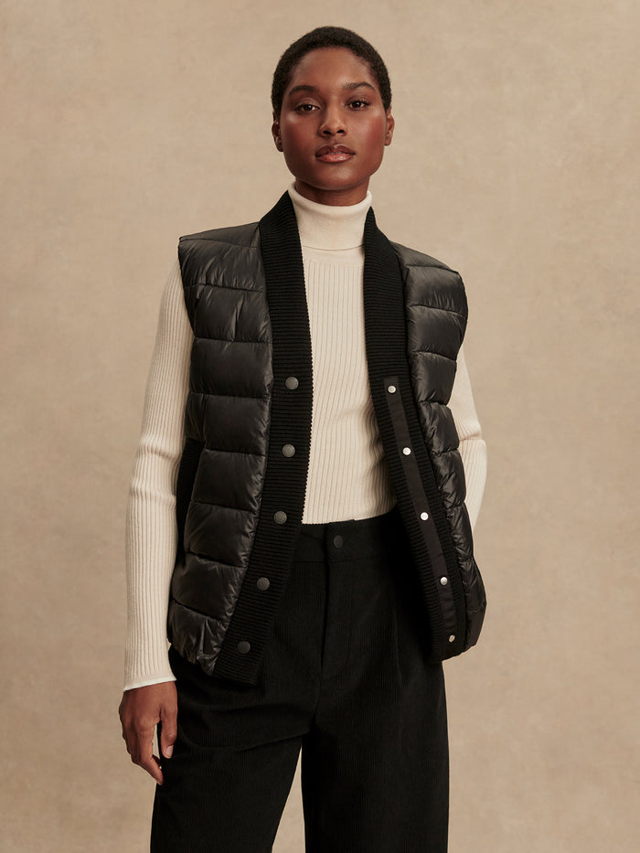 Black|Colwyn Combo Boxy Gilet in Black, front view of a sleeveless, boxy vest.