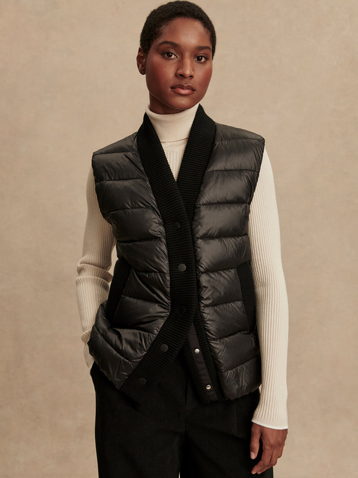Black|Colwyn Combo Boxy Gilet Black, front-facing product shot of a sleeveless boxy vest with a front zipper.