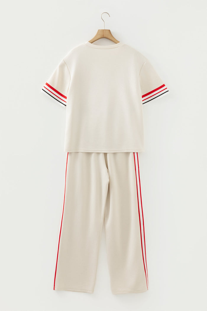 Contrast Stripe Crewneck Top & Straight Pants Set