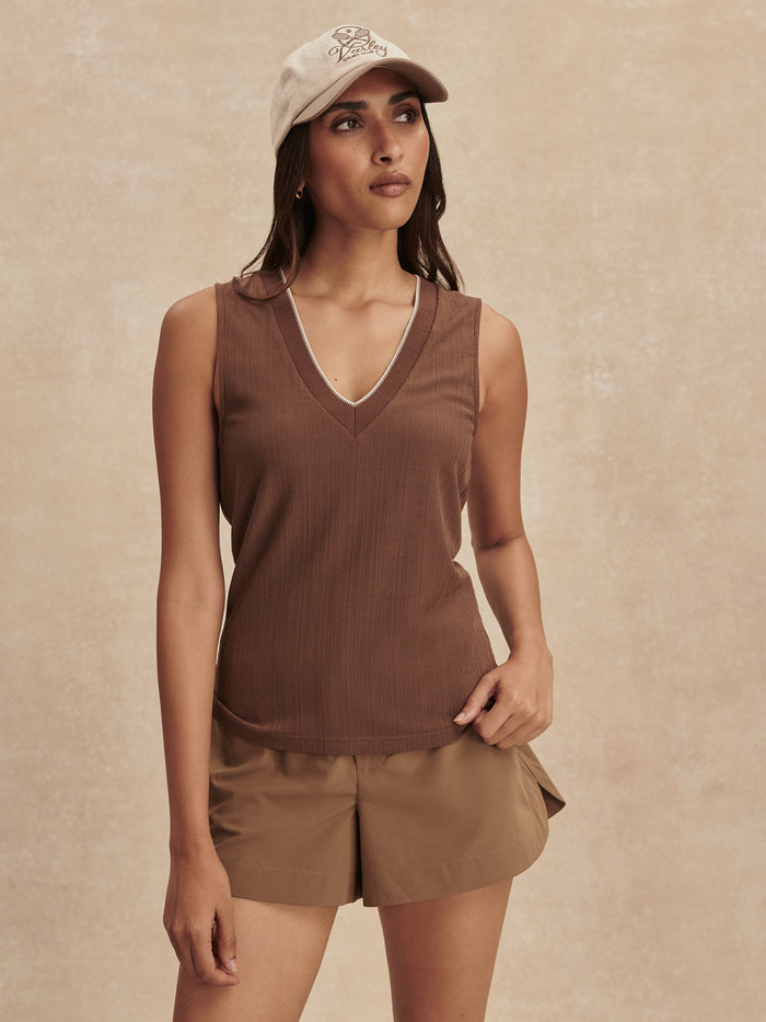 Pinecone|Corby V Neck Tank in Pinecone, lightweight ribbed jersey with subtle decorative trim, a cool, contemporary staple to pair with shorts or pants.