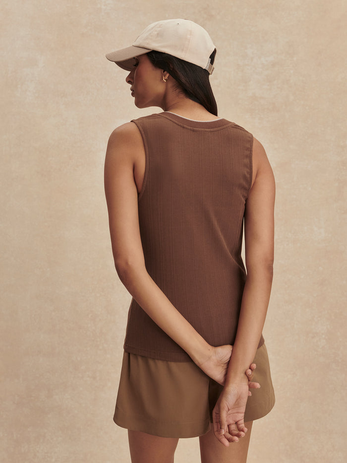 Pinecone|Back view of the Corby V-Neck Tank in Pinecone, a sleeveless knit top with a V-neck.