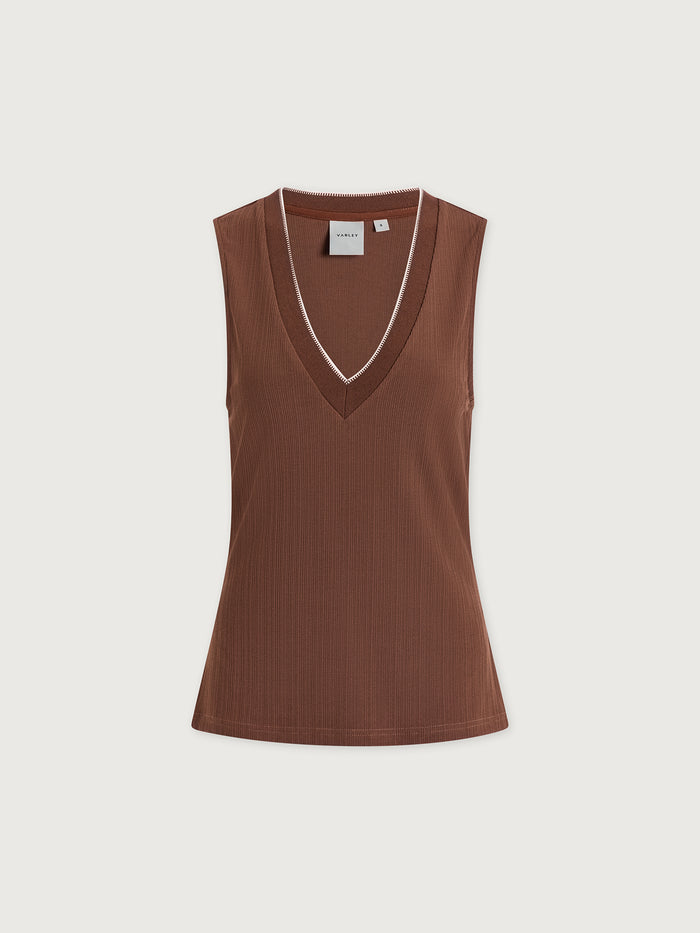 Oat Milk|Varley Corby V-Neck Tank in Oat Milk, front view of a sleeveless top with a classic V-neck silhouette.