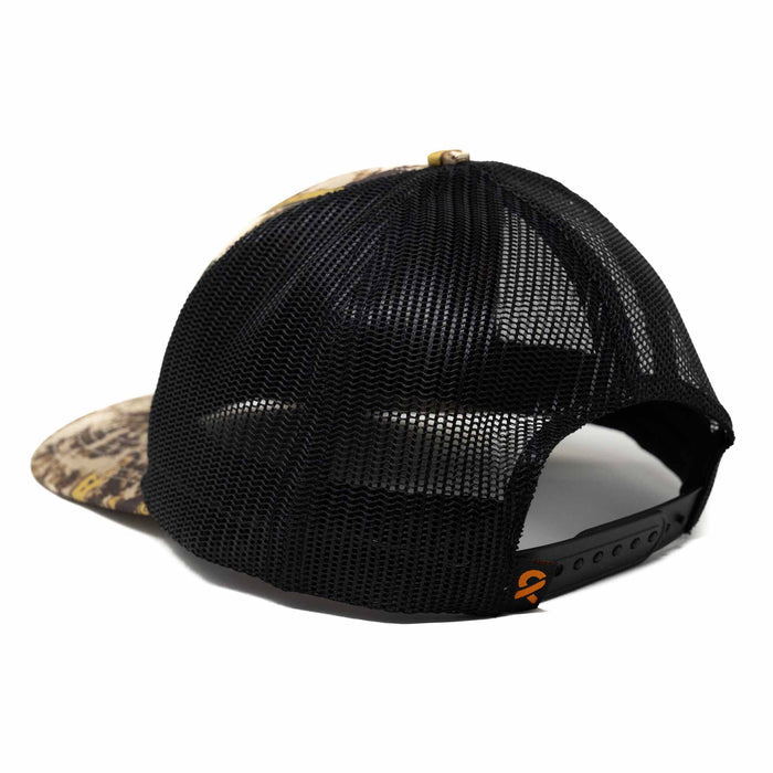 Camo trucker cap with a black mesh back, black snapback closure, and a small orange logo.