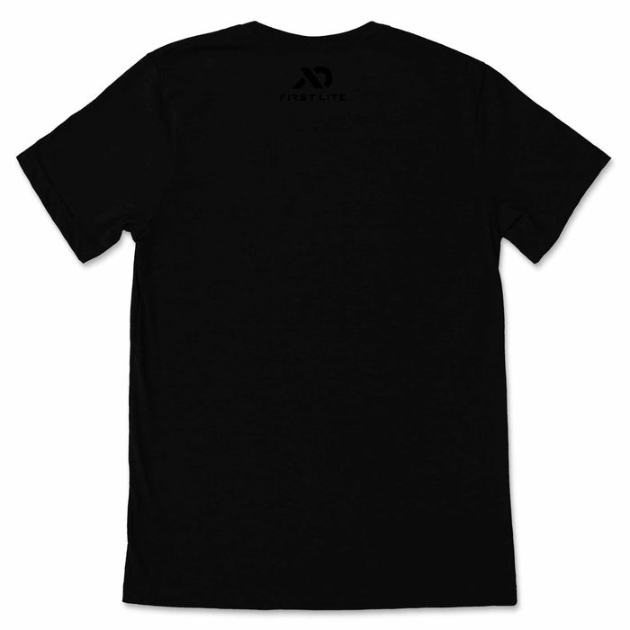 Black short-sleeve t-shirt with a subtle tone-on-tone First Lite logo on the upper back.