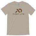 Beige t-shirt with a brown "FIRST LITE" logo and text on the chest.