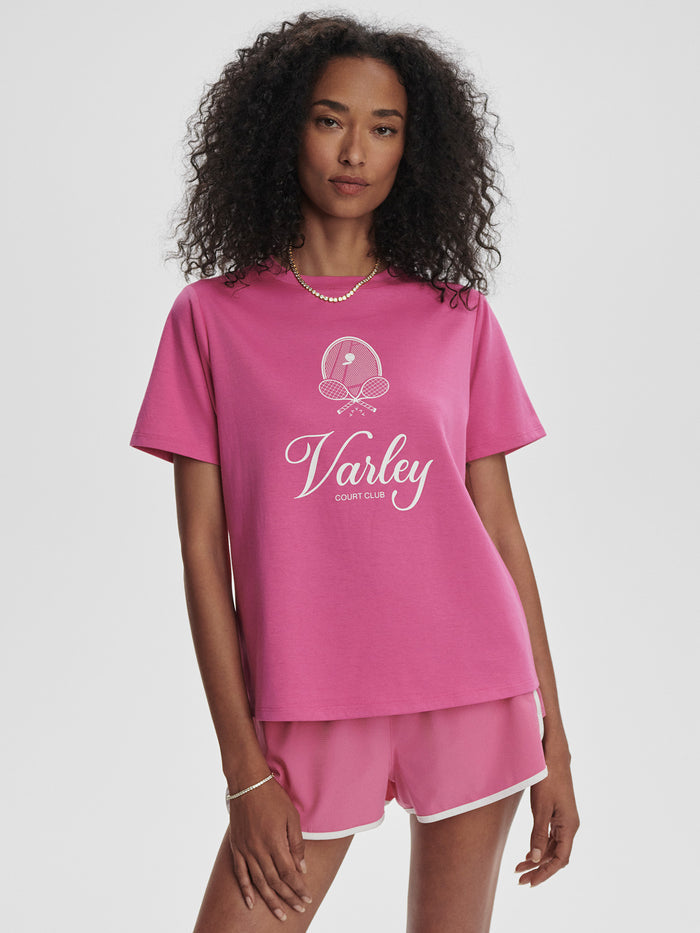 Ibis Rose|Coventry Branded Tee in Ibis Rose, front view of a crew-neck T-shirt.