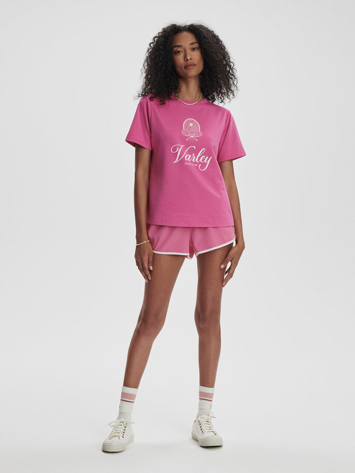 Ibis Rose|Front view of Coventry Branded Tee in Ibis Rose, branding visible on the chest.