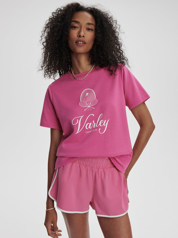 Ibis Rose|Coventry Branded Tee in Ibis Rose, front-facing product shot.
