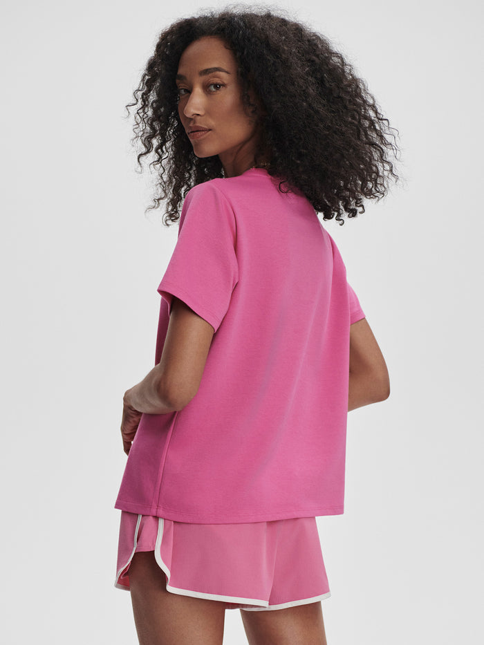 Ibis Rose|Coventry Branded Tee in Ibis Rose, front view product shot.