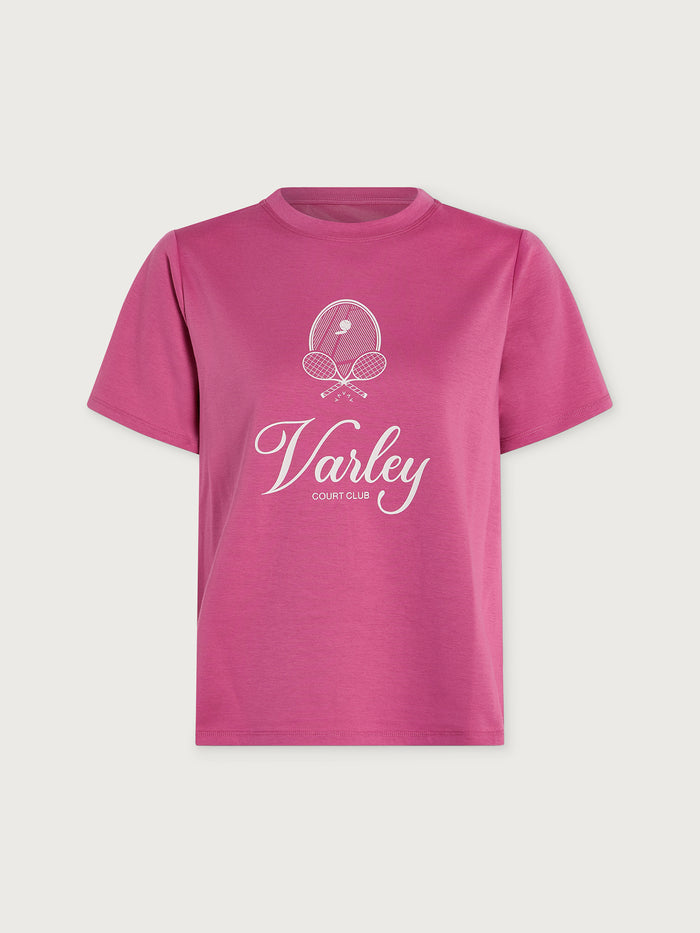 Ibis Rose|Front view of Coventry Branded Tee in Ibis Rose, a soft pink-rose cotton jersey shirt with a classic crew neck and Coventry branding on the chest.