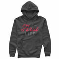 Charcoal hoody with red and gray 'First Lite' logo with mountain peak in the background