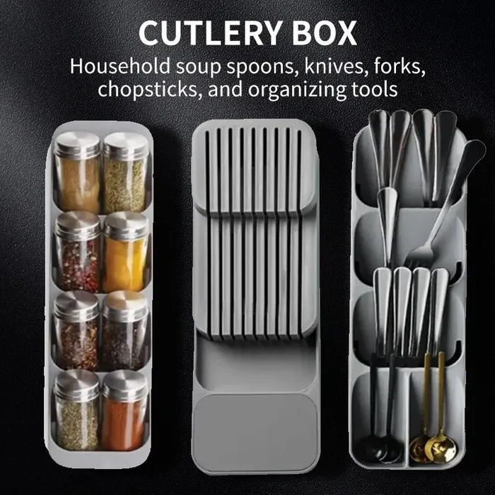 Kitchen cutlery and utensil drawer organizer tray