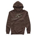 Dark brown hoodie with a drawstring hood and kangaroo pocket, featuring a camouflage abstract logo above "FIRST LITE" text.