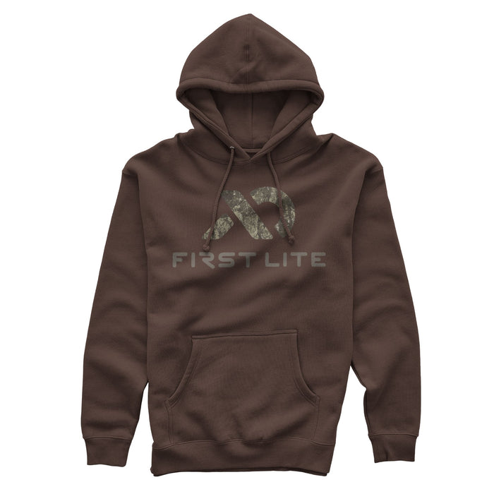 Dark brown hoodie with a drawstring hood and kangaroo pocket, featuring a camouflage abstract logo above "FIRST LITE" text.